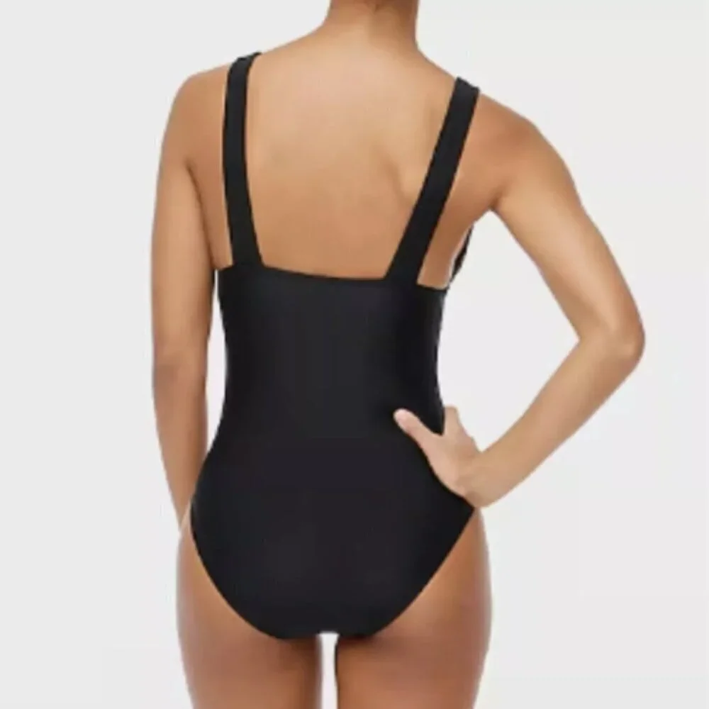J. Crew V-Neck Ruched One-Piece Swimsuit Bathing Suit Small Medium Large Black - Picture 2 of 13